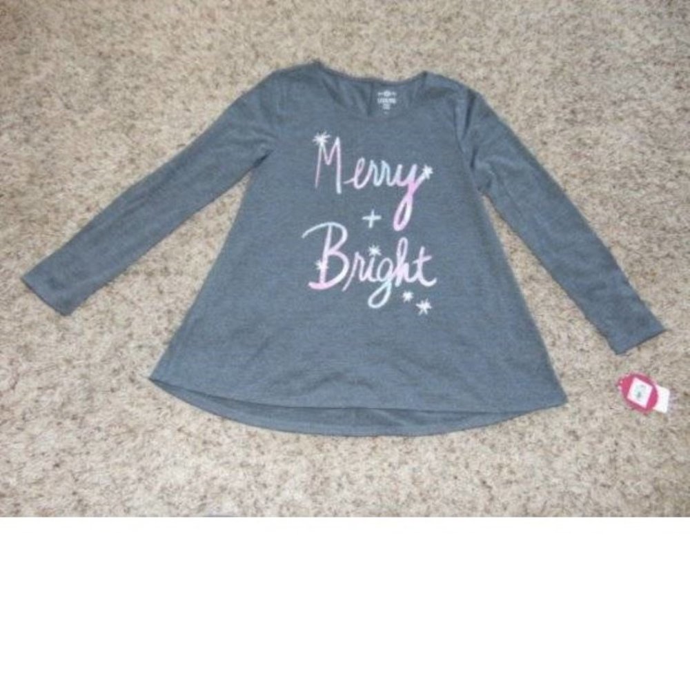 Girls Christmas Shirt 7/8 SO Gray MERRY & BRIGHT Long Sleeve High Low Hem